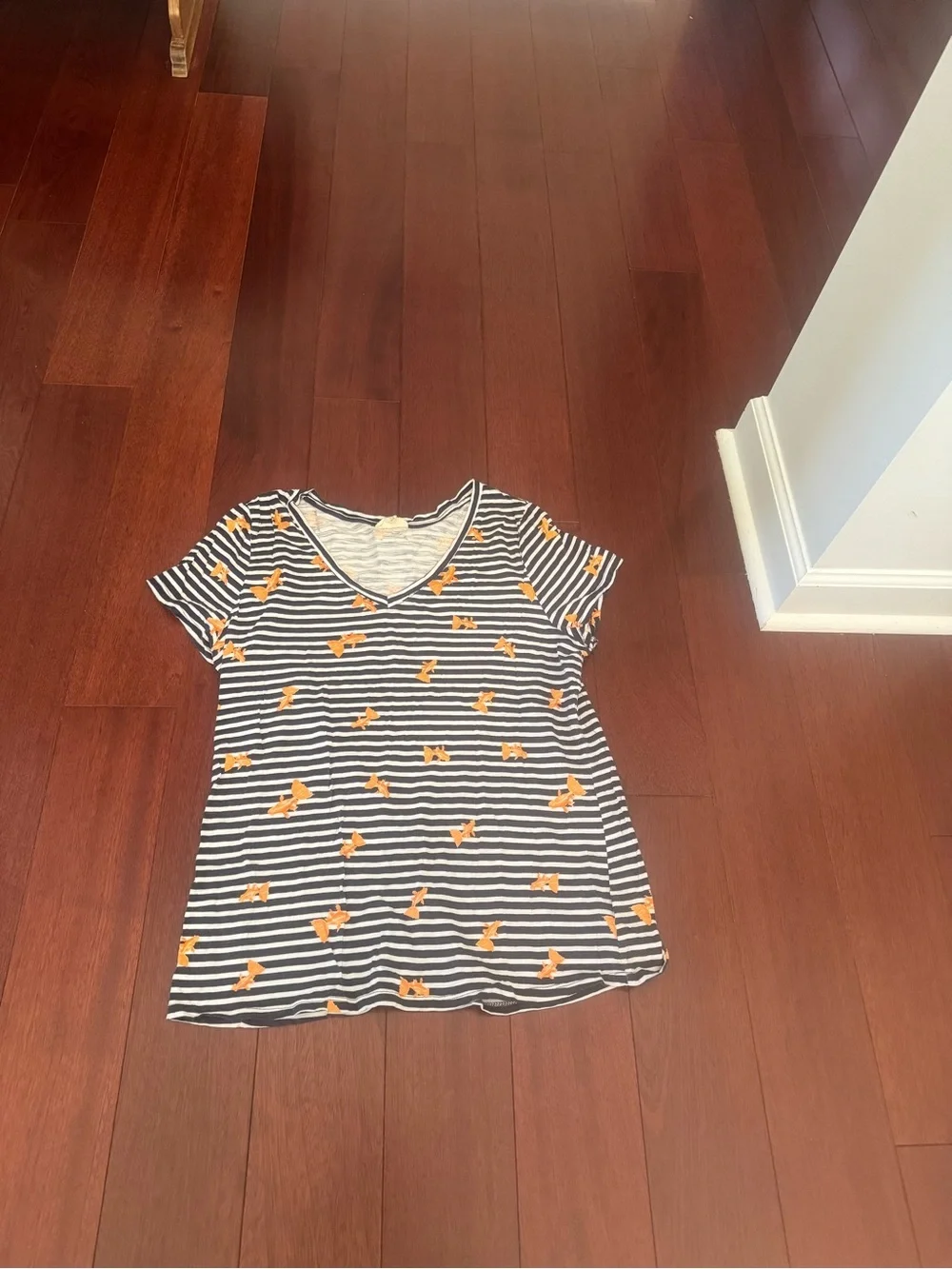 Maison Jules Navy & White Striped V‑Neck Tee with Orange Bow Print